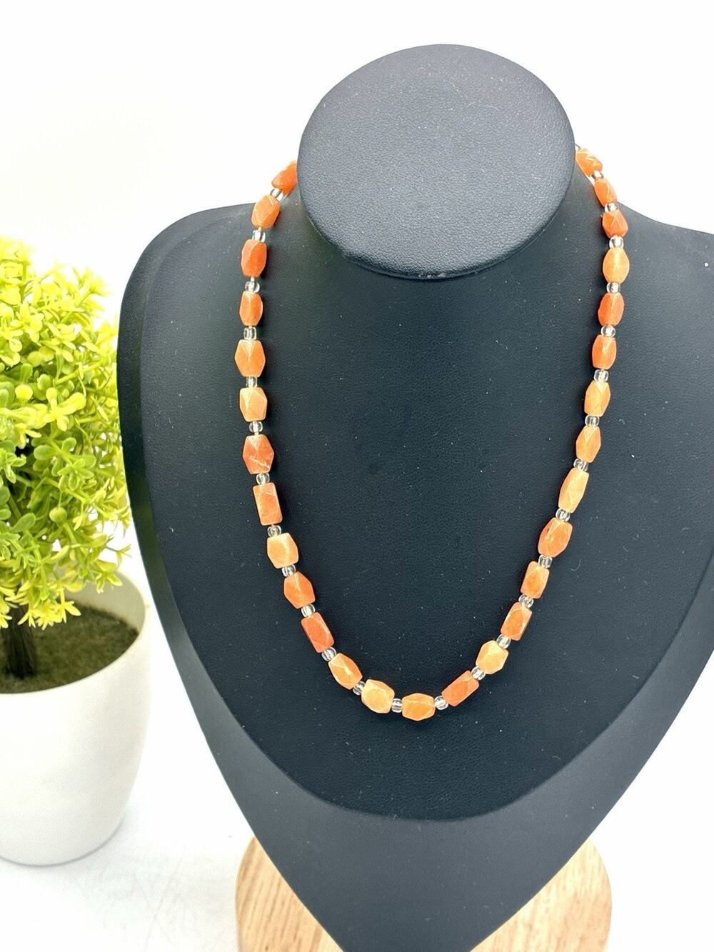 Vintage Orange Calcite Faceted Nugget Bead Necklace Clear Spacers 14 In